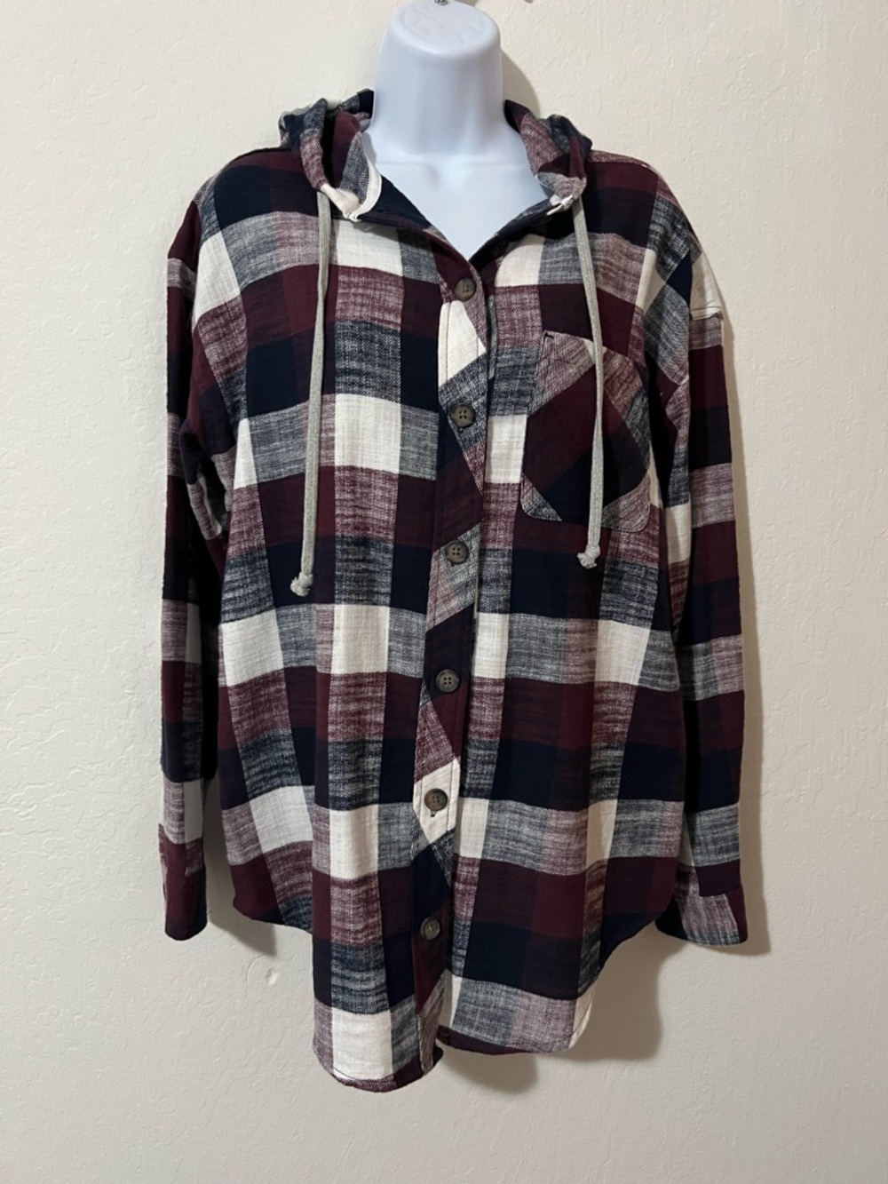 Plaid Hooded Button-Up oversized Shirt Jacket - Burgundy, black, white